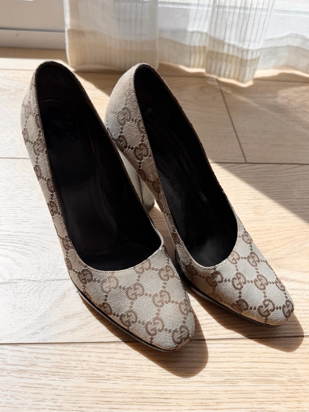 Gucci Monogram GG Canvas Platform Pumps in Beige and Brown